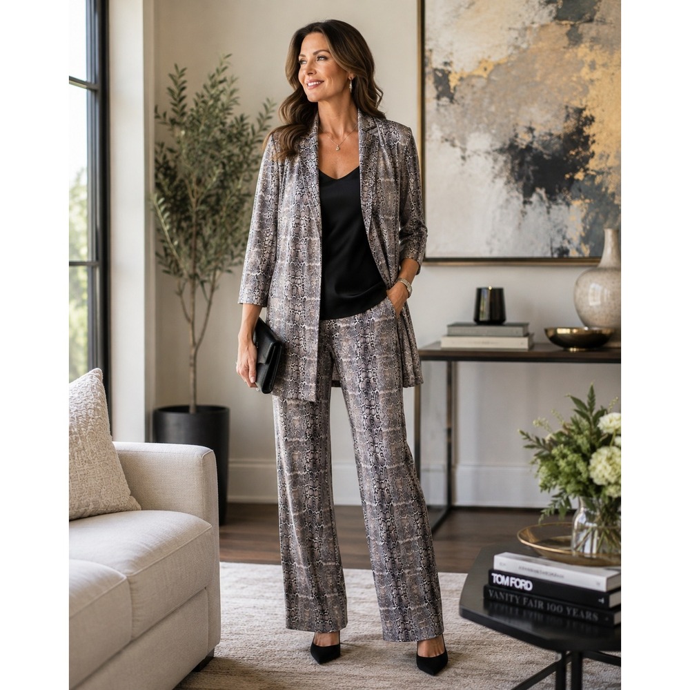Joseph Ribkoff Snakeskin Print Pant Suit Set 6 Open Front Long Blazer Pants